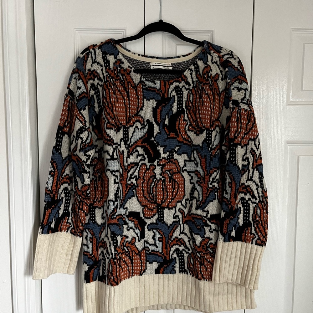 Anthropologie Floral Knit Sweater - Cream, Blue, Orange